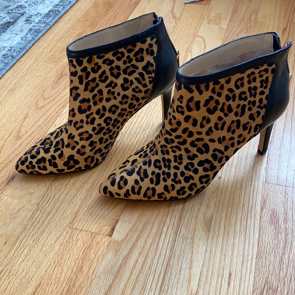 Leather and Calf Fur Leopard Stiletto Booties